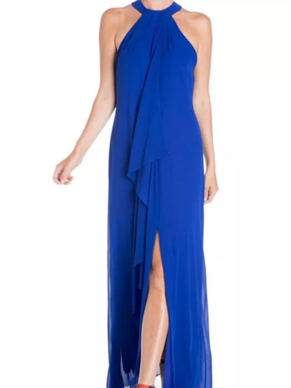 Meghan Aphrodite Dress Royal Blue Halter Maxi Waterfall Front XLarge